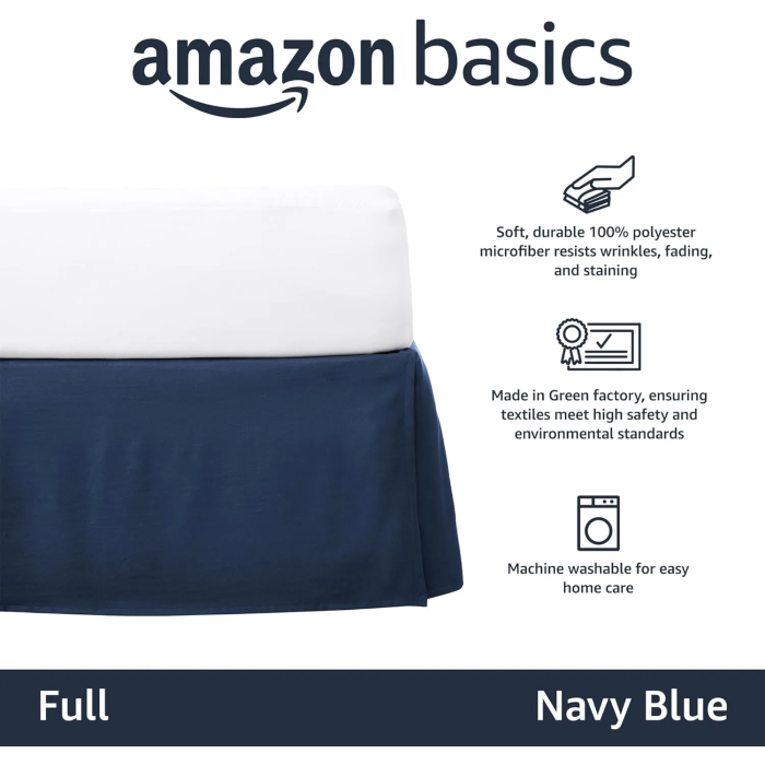 Amazon Basics Lightweight Pleated Bed Skirt, Full, Navy Blue, Soli - Image 3