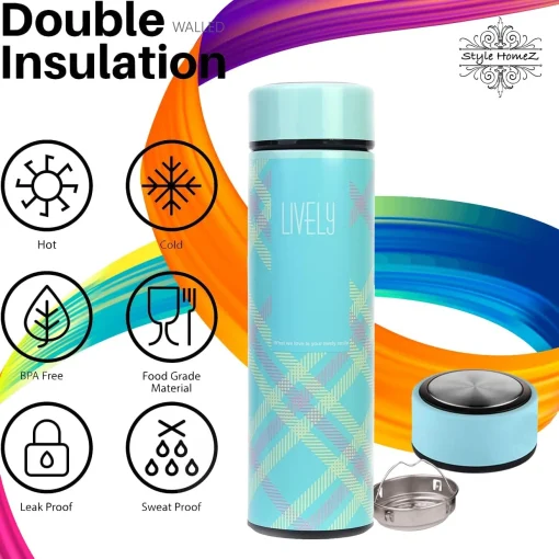 Style Homes Double Wall Vacuum Insulated Stainless Steel Thermos BPA Free Travel Water Bottle 480ml - Hot & Cold for 12 Hours, Sky Blue (Levelly) - Image 2