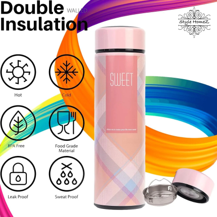 Style Homes Double Wall Vacuum Insulated Stainless Steel Thermos BPA Free Travel Water Bottle 480ml - Keeps Hot and Cold Drinks Cold for 12 Hours, Pink (Sweet)