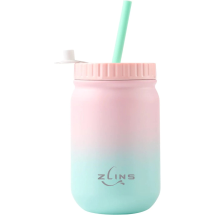 ZLINS Cup with Straw and Lid,Iced Coffee Travel Mug,Stainless Steel Drinking Tumbler,Insulated Reusable Metal Cup,Hot Cold for Smoothie, Milkshake,Cocktails,14OZ(Pink/Blue)