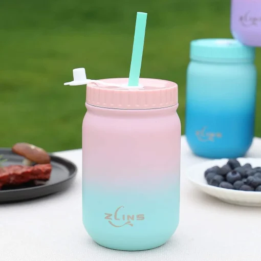 ZLINS Cup with Straw and Lid,Iced Coffee Travel Mug,Stainless Steel Drinking Tumbler,Insulated Reusable Metal Cup,Hot Cold for Smoothie, Milkshake,Cocktails,14OZ(Pink/Blue) - Image 2