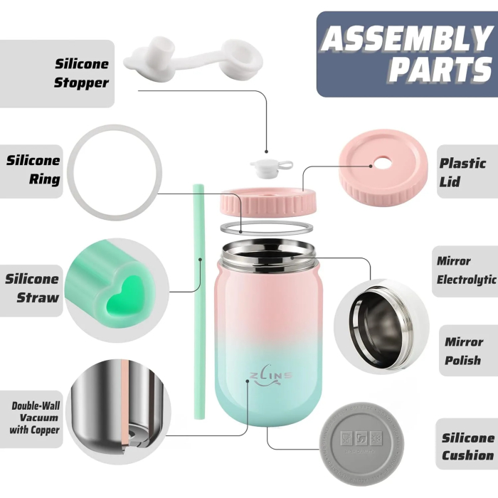 ZLINS Cup with Straw and Lid,Iced Coffee Travel Mug,Stainless Steel Drinking Tumbler,Insulated Reusable Metal Cup,Hot Cold for Smoothie, Milkshake,Cocktails,14OZ(Pink/Blue) - Image 3