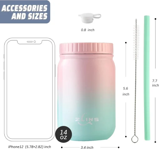 ZLINS Cup with Straw and Lid,Iced Coffee Travel Mug,Stainless Steel Drinking Tumbler,Insulated Reusable Metal Cup,Hot Cold for Smoothie, Milkshake,Cocktails,14OZ(Pink/Blue) - Image 7