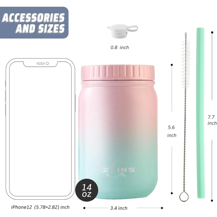 ZLINS Cup with Straw and Lid,Iced Coffee Travel Mug,Stainless Steel Drinking Tumbler,Insulated Reusable Metal Cup,Hot Cold for Smoothie, Milkshake,Cocktails,14OZ(Pink/Blue) - Image 7