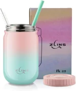 ZLINS Cup with Straw and Lid,Iced Coffee Travel Mug,Stainless Steel Drinking Tumbler,Insulated Reusable Metal Cup,Hot Cold for Smoothie, Milkshake,Cocktails,14OZ(Pink/Blue) - Image 8