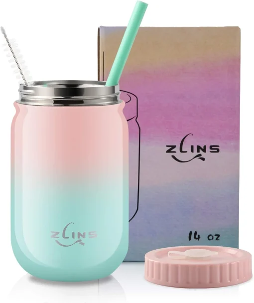 ZLINS Cup with Straw and Lid,Iced Coffee Travel Mug,Stainless Steel Drinking Tumbler,Insulated Reusable Metal Cup,Hot Cold for Smoothie, Milkshake,Cocktails,14OZ(Pink/Blue) - Image 8