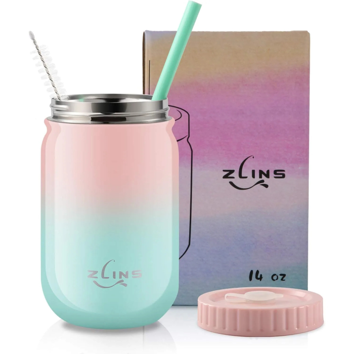 ZLINS Cup with Straw and Lid,Iced Coffee Travel Mug,Stainless Steel Drinking Tumbler,Insulated Reusable Metal Cup,Hot Cold for Smoothie, Milkshake,Cocktails,14OZ(Pink/Blue) - Image 8