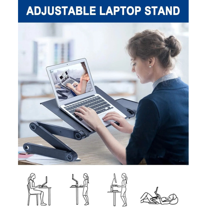 Adjustable Laptop Stand, RAINBEAN Laptop Desk with 2 CPU Cooling USB Fans for Bed Aluminum Lap Workstation Desk with Mouse Pad, Foldable Cook Book Stand Notebook Holder Sofa, Bed Table Office Tray - Image 3