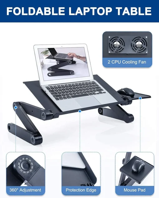 Adjustable Laptop Stand, RAINBEAN Laptop Desk with 2 CPU Cooling USB Fans for Bed Aluminum Lap Workstation Desk with Mouse Pad, Foldable Cook Book Stand Notebook Holder Sofa, Bed Table Office Tray - Image 4