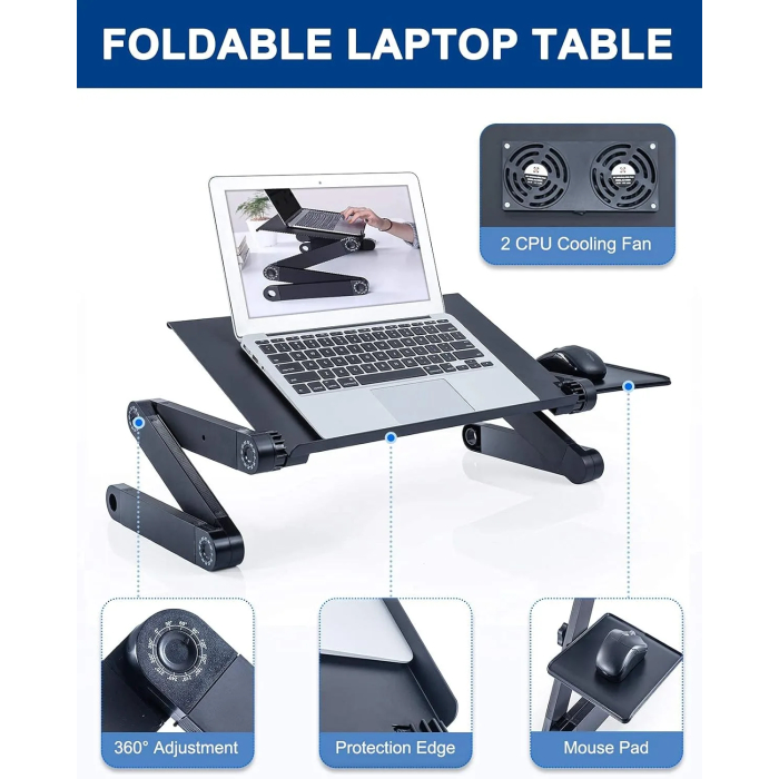 Adjustable Laptop Stand, RAINBEAN Laptop Desk with 2 CPU Cooling USB Fans for Bed Aluminum Lap Workstation Desk with Mouse Pad, Foldable Cook Book Stand Notebook Holder Sofa, Bed Table Office Tray - Image 4