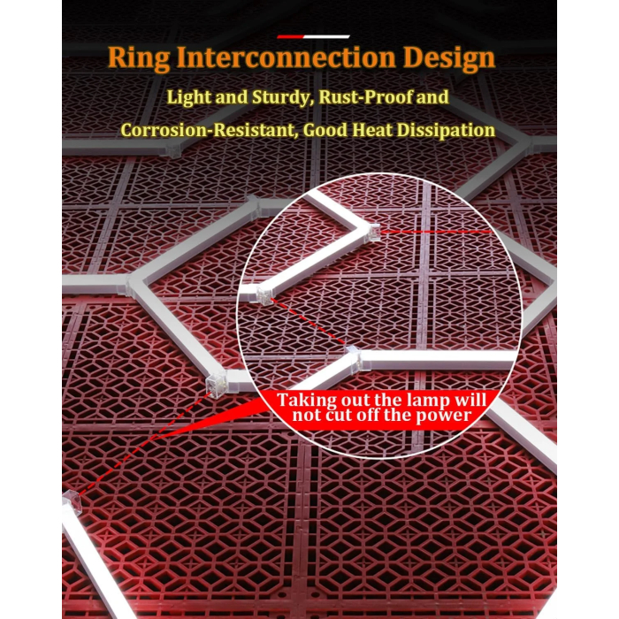 680 W Hexagonal Garage Lights, Honeycomb LED Lights, 6000 K Colour Temperature, Ring Connection Design, Pack of 14 Hexagon Garage LED Lights for Gym, Basement, Warehouse, 7.8 x 15.7 Feet, White - Image 7