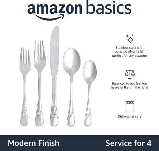 Amazon Basics 20-Piece Stainless Steel Modern Finish Flatware Set, Service for 4, Silver - Image 3