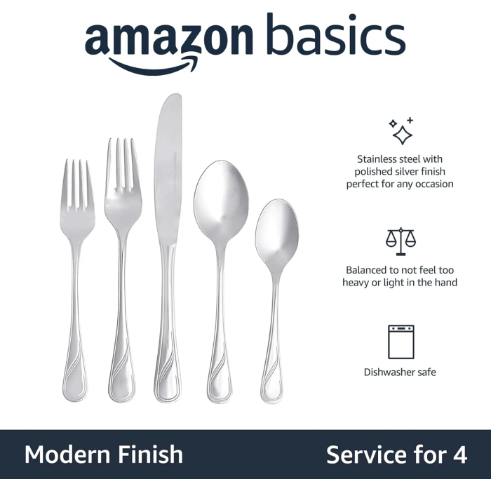 Amazon Basics 20-Piece Stainless Steel Modern Finish Flatware Set, Service for 4, Silver - Image 3