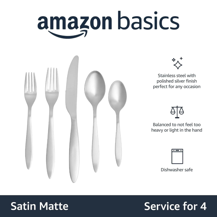 Amazon Basics 20-Piece Stainless Steel Satin Matte Flatware Set, Service for 4 - Image 5