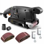 About this item ã2-In-1 Bench & Belt SanderãProvided with two metal screw clamps, TACKLIFE belt sander can be turned over and fixed to table, acting as a bench sander, lock-on button helps to free your hand, providing more convenience and flexibility. ã13Pcs Sanding BeltsãCome with 6pcs 120 grits and 7pcs 80 grits aluminum oxide sanding belts, saving your money, meeting the requirements for your different projects. Metal clamping lever for easy and quick sanding belt change. ãPower & Variable-Speed Designã5 Amp motor offers great power to the sanding surface, delivering efficient removal and high quality finish. Variable-speed knob with 6 dials enables you to match the best speed to the application from 0-560rpm. ãHigh Performance Dust Collection SystemãThe dust collecting box is detachable, can be easily installed and removed, easy to clean dust. Two vacuum dust adapters, 32mm and 35mm make it possible to connect your vacuum cleaner, reaching the perfect dust collection effect. ãNotes & Full PackageãWhen meeting the problem that the belt slipping, adjust the screw at the bottom to a proper position, then the belt will run in track. Full package: TACKLIFE PSFS1A belt sander; 13pcs sanding belts; 2 screw clamps; 2 vacuum adapters; user manual; 2 Year Customer Support. Belt Sander 3Ã18-Inch With 13Pcs Sanding Belts, Bench Sander With Variable-Speed Control, Fixed Screw Clamps, Dust Box, Vacuum Adapters, 10Feet (3 Meters) Length Power Cord PSFS1A