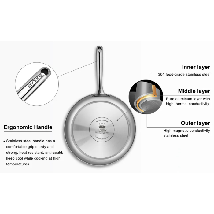 imarku Stainless Steel Frying Pan - 3 Ply Steel Skillet - Professional Grade Pans for Cooking - 12 Inch Stainless Steel Cooking Pan Hammered Surface - Image 8