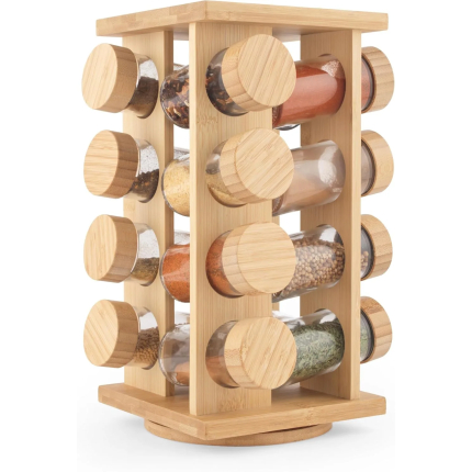 Bamboo Spice Rack – Rotating Rack, 16 Jars Included & Screw Top Lids, Compact, Long Lasting Freshness, Spices & Seasonings, Countertop Spice Organiser, Spice Storage, Free Standing