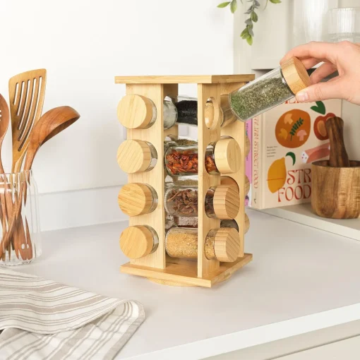 Bamboo Spice Rack – Rotating Rack, 16 Jars Included & Screw Top Lids, Compact, Long Lasting Freshness, Spices & Seasonings, Countertop Spice Organiser, Spice Storage, Free Standing - Image 2