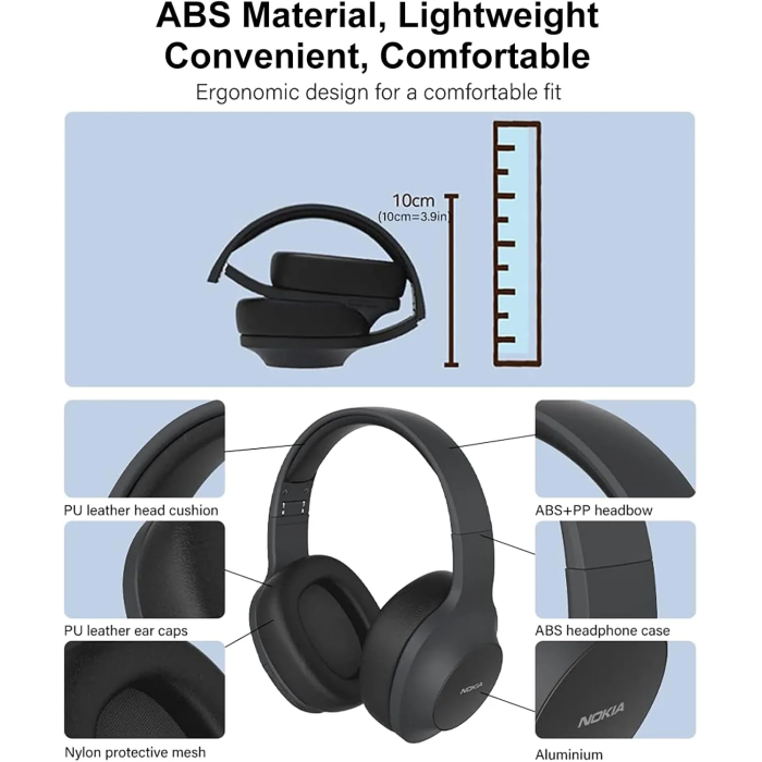 Nokia Wireless Bluetooth 5.0 On-Ear Headphones, Pair Two Devices Simultaneously Studio Headphone, aptX Low Latency 41 Hours Comfortable Wired Built-in Microphone Headsets for iPhone, E1200 Black - Image 7