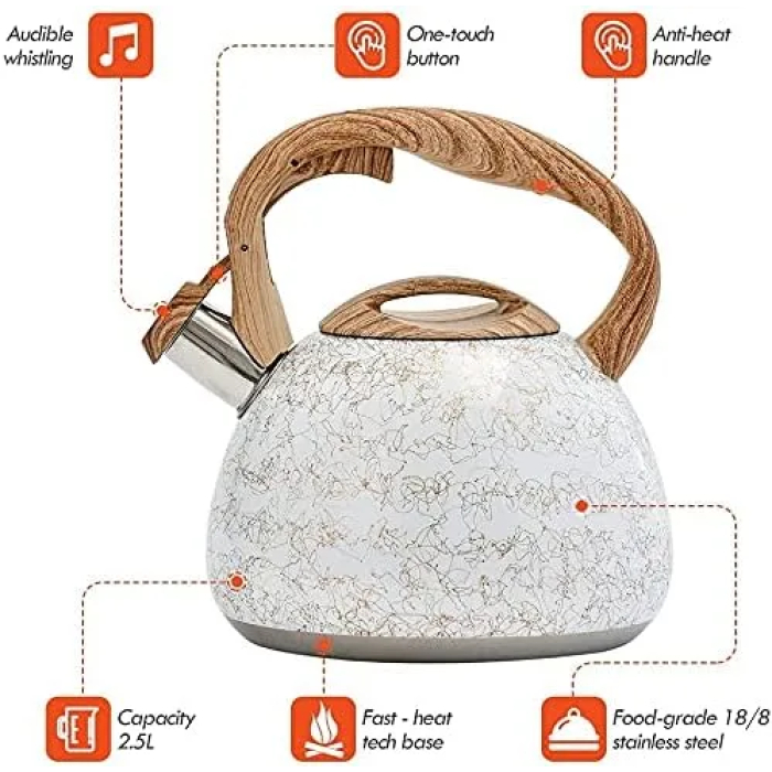 Stainless Steel Whistling Tea Kettles, 2.5 Quart Teapot with Anti-heat Wood Grain Silicone Handle - Whistling Stainless Steel Tea Pot Modern Tea Kettles - Image 3