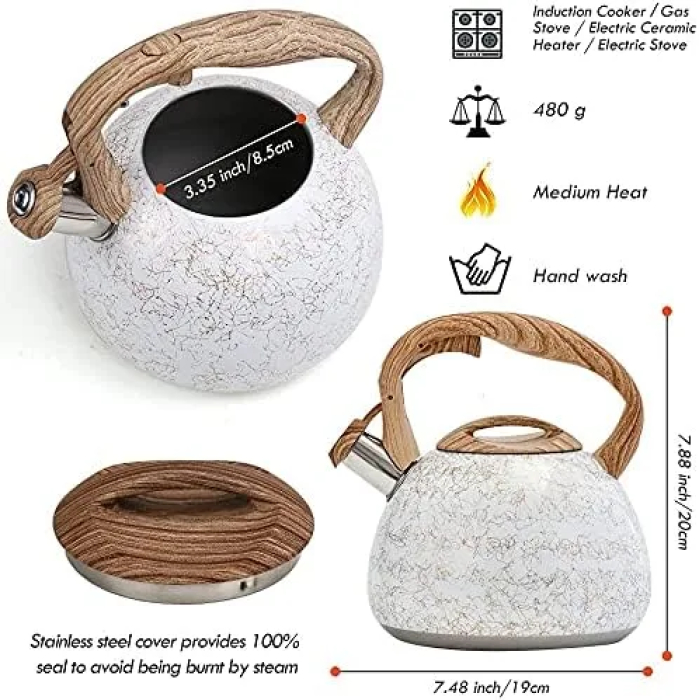Stainless Steel Whistling Tea Kettles, 2.5 Quart Teapot with Anti-heat Wood Grain Silicone Handle - Whistling Stainless Steel Tea Pot Modern Tea Kettles - Image 4