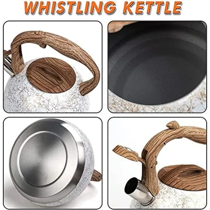 Stainless Steel Whistling Tea Kettles, 2.5 Quart Teapot with Anti-heat Wood Grain Silicone Handle - Whistling Stainless Steel Tea Pot Modern Tea Kettles - Image 5