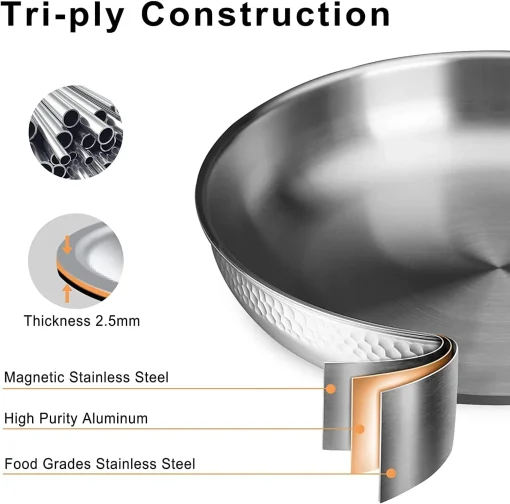 imarku Stainless Steel Frying Pan - 3 Ply Steel Skillet - Professional Grade Pans for Cooking - 12 Inch Stainless Steel Cooking Pan Hammered Surface - Image 2