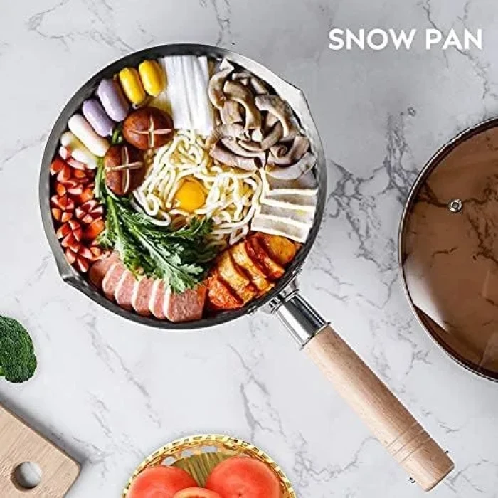 Traditional Japanese Milk Pot, Nostick Milk Sauce Pot with Glass Lid, Instant Noodle Pot with Wooden Handle, Kitchen Cooking Tool - 20cm - Image 2