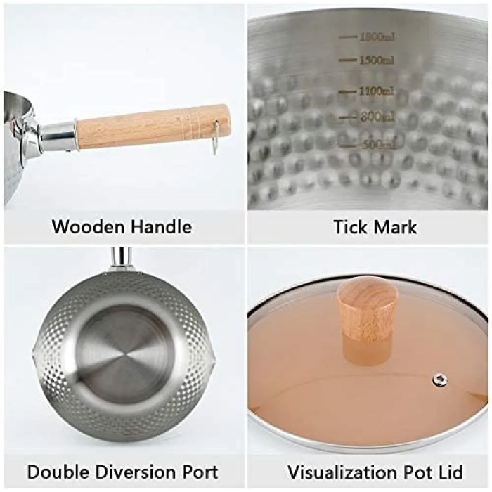 Traditional Japanese Milk Pot, Nostick Milk Sauce Pot with Glass Lid, Instant Noodle Pot with Wooden Handle, Kitchen Cooking Tool - 20cm - Image 5