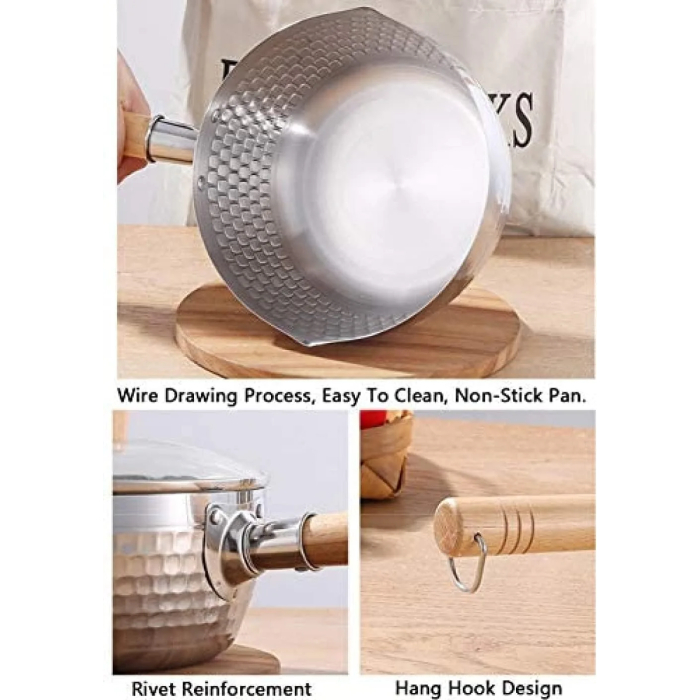 Traditional Japanese Milk Pot, Nostick Milk Sauce Pot with Glass Lid, Instant Noodle Pot with Wooden Handle, Kitchen Cooking Tool - 20cm - Image 6