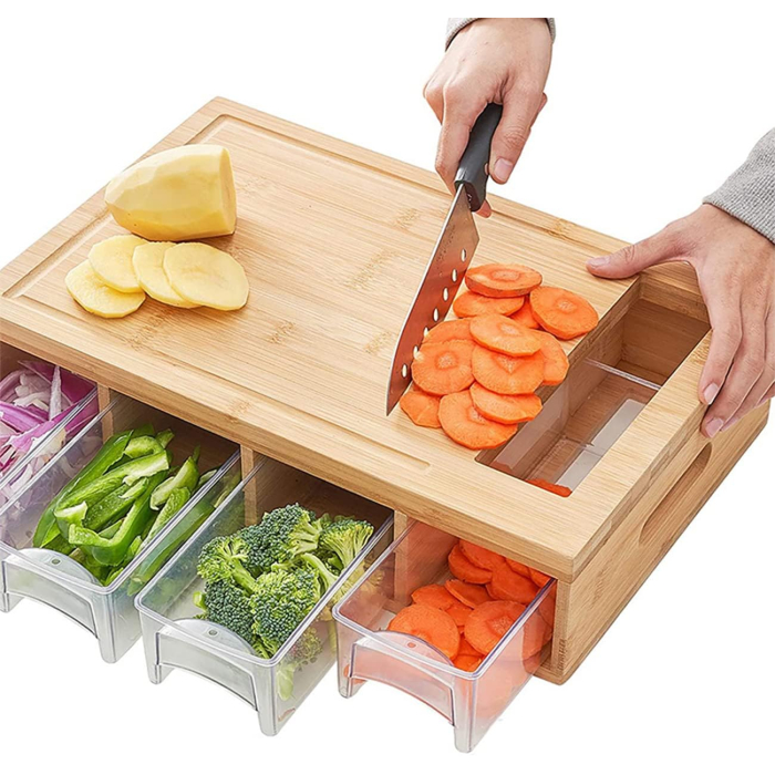 Bamboo Cutting Board with Trays, Lids and Storage Containers - Easy-to-Use Multi-Function Meal Prep Station with Juicing Grooves - 4 Multi-Function Graters Included with Food Slide-Out Slot - Image 4