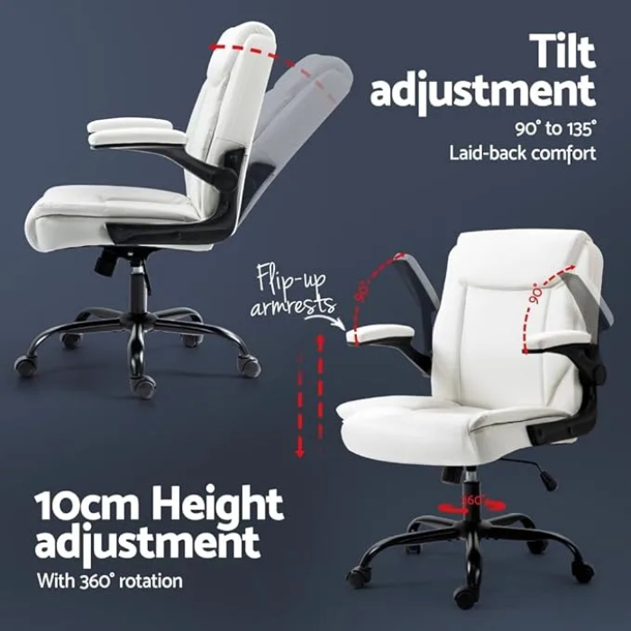 Artiss Gaming Chair Ergonomic Office Chairs Height Adjustable Leather Computer Desk Seat with 135° Recline, High Back and 360°-Swivel Seating White for Executive Home - Image 4
