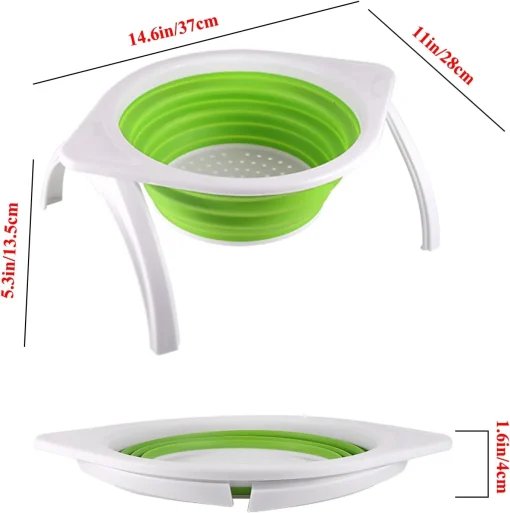Collapsible Silicone Colander with Bracket, 4.5 Quart Kitchen Vegetable and Fruit Washing Basket, Drainer Tool (Green and Orange) - Image 5