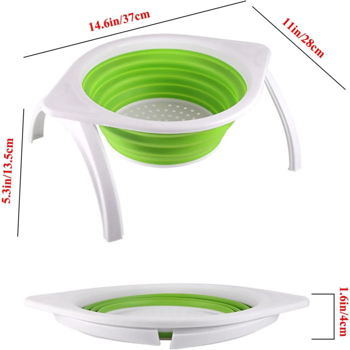 Collapsible Silicone Colander with Bracket, 4.5 Quart Kitchen Vegetable and Fruit Washing Basket, Drainer Tool (Green and Orange) - Image 5