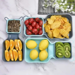 Click to see full view Oren Empower 10 Pieces Foldable Food Plate Trays Set/Stackable Tray Organizer Container Nesting Storage Display Plate for Salad Snack Fruit/Easy to Carry for Travel and Picnic - Blue & Grey