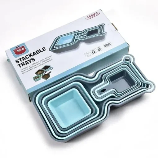 Click to see full view      Oren Empower 10 Pieces Foldable Food Plate Trays Set/Stackable Tray Organizer Container Nesting Storage Display Plate for Salad Snack Fruit/Easy to Carry for Travel and Picnic - Blue & Grey - Image 2