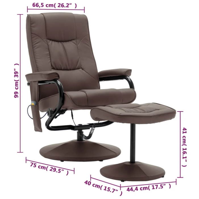 vidaXL Massage Recliner with Ottoman Brown Faux Leather - Image 11
