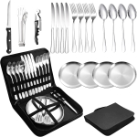 Camping Cutlery Set for 2 People - Portable Stainless Steel Outdoor Tableware Set for Camping, Picnic and Travel - with Knife, Fork, Spoon and Plate in Carry Bag