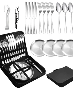 Camping Cutlery Set for 2 People - Portable Stainless Steel Outdoor Tableware Set for Camping, Picnic and Travel - with Knife, Fork, Spoon and Plate in Carry Bag