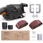 About this item ã2-In-1 Bench & Belt SanderãProvided with two metal screw clamps, TACKLIFE belt sander can be turned over and fixed to table, acting as a bench sander, lock-on button helps to free your hand, providing more convenience and flexibility. ã13Pcs Sanding BeltsãCome with 6pcs 120 grits and 7pcs 80 grits aluminum oxide sanding belts, saving your money, meeting the requirements for your different projects. Metal clamping lever for easy and quick sanding belt change. ãPower & Variable-Speed Designã5 Amp motor offers great power to the sanding surface, delivering efficient removal and high quality finish. Variable-speed knob with 6 dials enables you to match the best speed to the application from 0-560rpm. ãHigh Performance Dust Collection SystemãThe dust collecting box is detachable, can be easily installed and removed, easy to clean dust. Two vacuum dust adapters, 32mm and 35mm make it possible to connect your vacuum cleaner, reaching the perfect dust collection effect. ãNotes & Full PackageãWhen meeting the problem that the belt slipping, adjust the screw at the bottom to a proper position, then the belt will run in track. Full package: TACKLIFE PSFS1A belt sander; 13pcs sanding belts; 2 screw clamps; 2 vacuum adapters; user manual; 2 Year Customer Support. Belt Sander 3Ã18-Inch With 13Pcs Sanding Belts, Bench Sander With Variable-Speed Control, Fixed Screw Clamps, Dust Box, Vacuum Adapters, 10Feet (3 Meters) Length Power Cord PSFS1A - Image 2