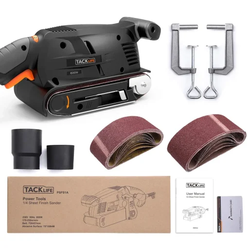 About this item Ã£2-In-1 Bench & Belt SanderÃ£Provided with two metal screw clamps, TACKLIFE belt sander can be turned over and fixed to table, acting as a bench sander, lock-on button helps to free your hand, providing more convenience and flexibility. Ã£13Pcs Sanding BeltsÃ£Come with 6pcs 120 grits and 7pcs 80 grits aluminum oxide sanding belts, saving your money, meeting the requirements for your different projects. Metal clamping lever for easy and quick sanding belt change. Ã£Power & Variable-Speed DesignÃ£5 Amp motor offers great power to the sanding surface, delivering efficient removal and high quality finish. Variable-speed knob with 6 dials enables you to match the best speed to the application from 0-560rpm. Ã£High Performance Dust Collection SystemÃ£The dust collecting box is detachable, can be easily installed and removed, easy to clean dust. Two vacuum dust adapters, 32mm and 35mm make it possible to connect your vacuum cleaner, reaching the perfect dust collection effect. Ã£Notes & Full PackageÃ£When meeting the problem that the belt slipping, adjust the screw at the bottom to a proper position, then the belt will run in track. Full package: TACKLIFE PSFS1A belt sander; 13pcs sanding belts; 2 screw clamps; 2 vacuum adapters; user manual; 2 Year Customer Support. Belt Sander 3Ã18-Inch With 13Pcs Sanding Belts, Bench Sander With Variable-Speed Control, Fixed Screw Clamps, Dust Box, Vacuum Adapters, 10Feet (3 Meters) Length Power Cord PSFS1A - Image 2
