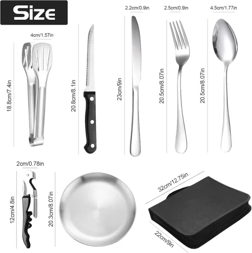 Camping Cutlery Set for 2 People - Portable Stainless Steel Outdoor Tableware Set for Camping, Picnic and Travel - with Knife, Fork, Spoon and Plate in Carry Bag - Image 2