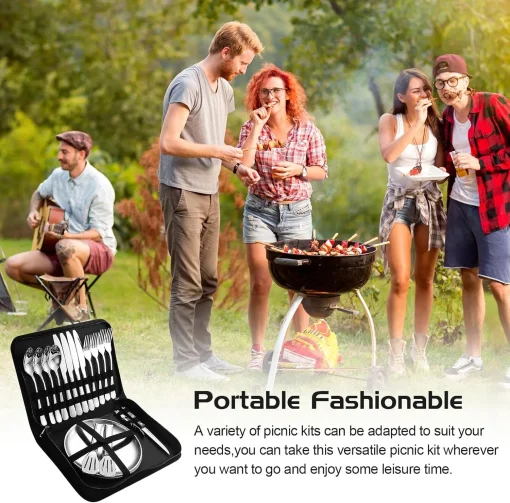 Camping Cutlery Set for 2 People - Portable Stainless Steel Outdoor Tableware Set for Camping, Picnic and Travel - with Knife, Fork, Spoon and Plate in Carry Bag - Image 3