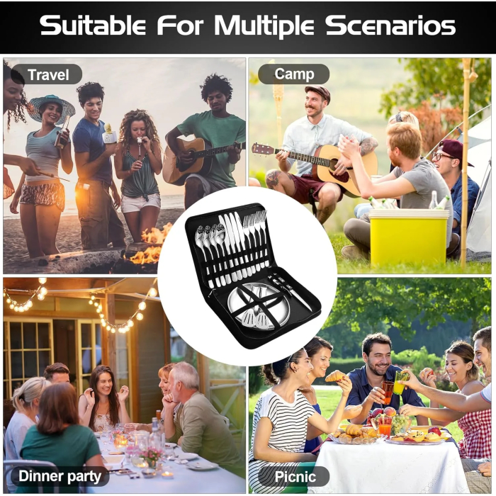 Camping Cutlery Set for 2 People - Portable Stainless Steel Outdoor Tableware Set for Camping, Picnic and Travel - with Knife, Fork, Spoon and Plate in Carry Bag - Image 4