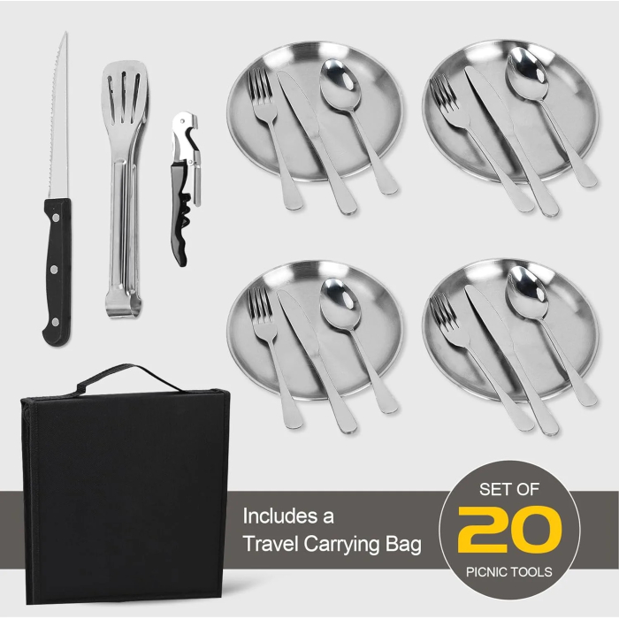 Camping Cutlery Set for 2 People - Portable Stainless Steel Outdoor Tableware Set for Camping, Picnic and Travel - with Knife, Fork, Spoon and Plate in Carry Bag - Image 5