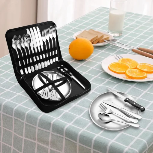 Camping Cutlery Set for 2 People - Portable Stainless Steel Outdoor Tableware Set for Camping, Picnic and Travel - with Knife, Fork, Spoon and Plate in Carry Bag - Image 6