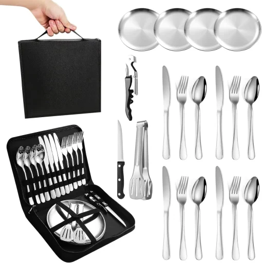 Camping Cutlery Set for 2 People - Portable Stainless Steel Outdoor Tableware Set for Camping, Picnic and Travel - with Knife, Fork, Spoon and Plate in Carry Bag - Image 7