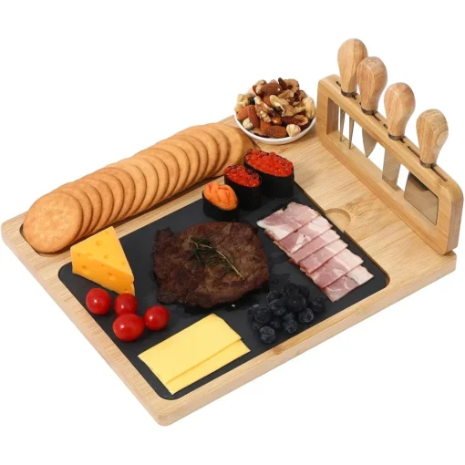 Wooden Cheese Board with Slate Plate + 4 Piece Cheese Knife Set 22.5 x 22.5 x 3.5cm - Image 2