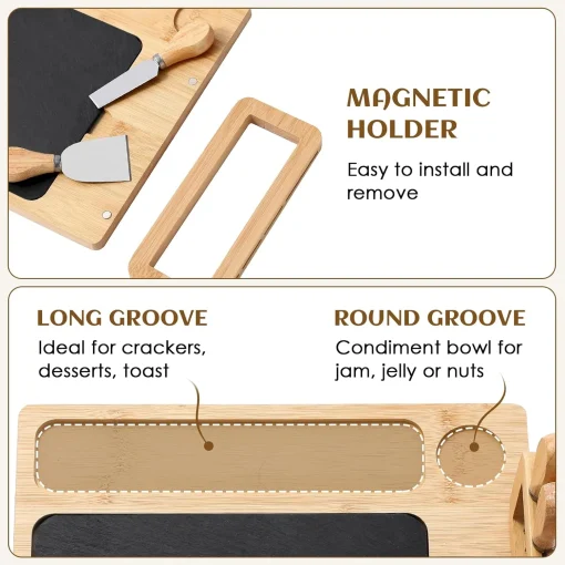 Wooden Cheese Board with Slate Plate + 4 Piece Cheese Knife Set 22.5 x 22.5 x 3.5cm - Image 4