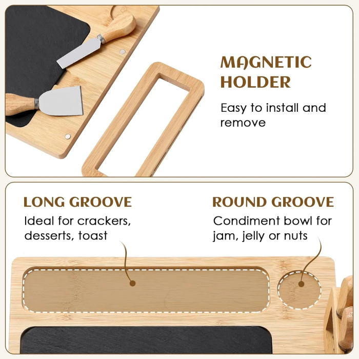Wooden Cheese Board with Slate Plate + 4 Piece Cheese Knife Set 22.5 x 22.5 x 3.5cm - Image 4
